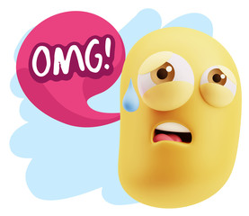 3d Rendering Sad Character Emoticon Expression saying OMG with C