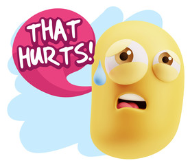 3d Rendering Sad Character Emoticon Expression saying That Hurts