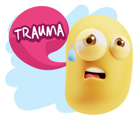 3d Rendering Sad Character Emoticon Expression saying Trauma wit