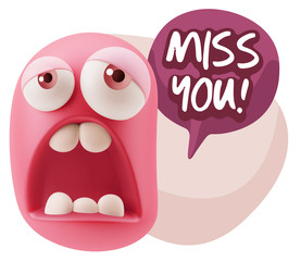3d Rendering Sad Character Emoticon Expression saying Miss You w