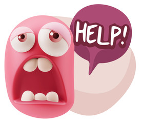 3d Rendering Sad Character Emoticon Expression saying Help! with