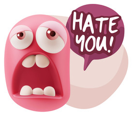 3d Rendering Sad Character Emoticon Expression saying Hate You w