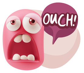 3d Rendering Sad Character Emoticon Expression saying Ouch! with