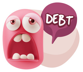 3d Rendering Sad Character Emoticon Expression saying Debt with