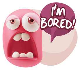 3d Rendering Sad Character Emoticon Expression saying I'm Bored