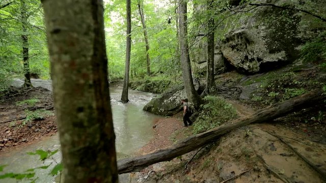A man hikes with a backpack along a trail through a thick forest to a flowing creek.