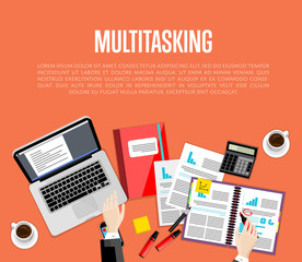 Business multitasking concept. Overhead view of businessman working with financial documents on red background. Busy life of company manager corporate executive. Office workplace banner