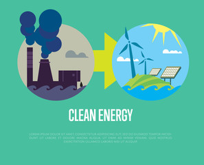 Vector illustration of evolution from industrial pollution to clean energy. Greening of the world infographics. Traditional and alternative natural electricity resources. Development renewable energy