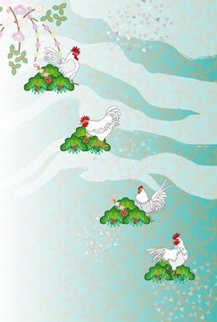 ニワトリと松の和風イラストeps素材年賀状テンプレート酉年