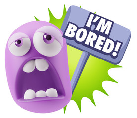 3d Rendering Sad Character Emoticon Expression saying I'm Bored