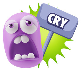 3d Rendering Sad Character Emoticon Expression saying Cry with C