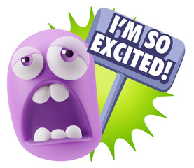 3d Rendering Sad Character Emoticon Expression saying I'm so Exc