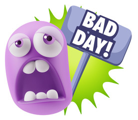 3d Rendering Sad Character Emoticon Expression saying Bad Day wi