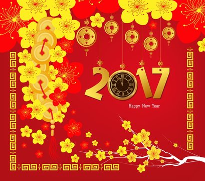 Happy Chinese new year 2017 card, Gold clock