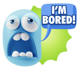 3d Rendering Sad Character Emoticon Expression saying I'm Bored