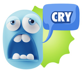 3d Rendering Sad Character Emoticon Expression saying Cry with C