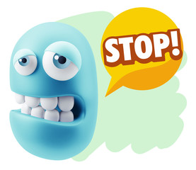 3d Rendering Sad Character Emoticon Expression saying Stop! with