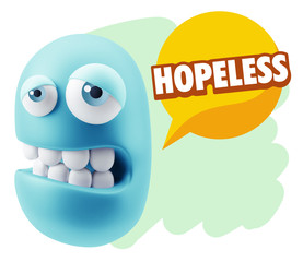 3d Rendering Sad Character Emoticon Expression saying Hopeless w