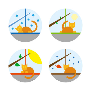 Four Season Icon Set With Cat Sitting On A Windowsill