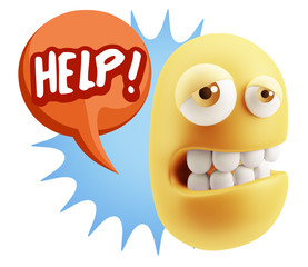 3d Rendering Sad Character Emoticon Expression saying Help! with