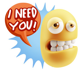 3d Rendering Sad Character Emoticon Expression saying I Need you