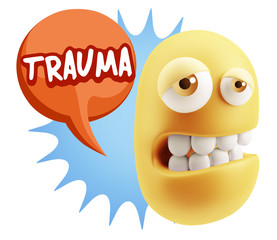 3d Rendering Sad Character Emoticon Expression saying Trauma wit