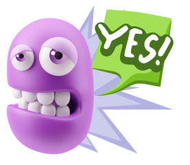 3d Rendering Sad Character Emoticon Expression saying Yes with C