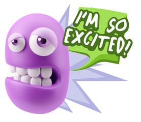 3d Rendering Sad Character Emoticon Expression saying I'm so Exc