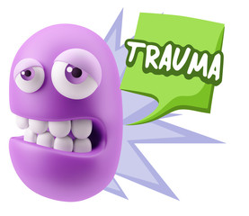 3d Rendering Sad Character Emoticon Expression saying Trauma wit