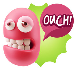 3d Rendering Sad Character Emoticon Expression saying Ouch! with