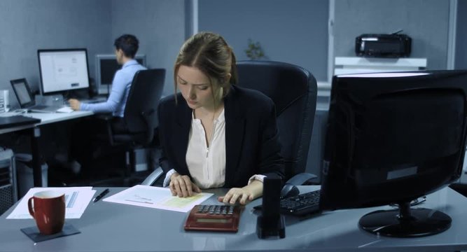 4K: An ihrem Computerarbeitsplatz errechnet eine junge Angestellte anhand einiger Dokumente die Richtigkeit der Finanzlage. Im Hintergrund sitzt eine ältere Angestellte am PC.