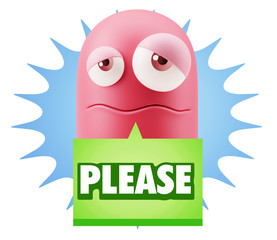 3d Rendering Sad Character Emoticon Expression saying Please wit