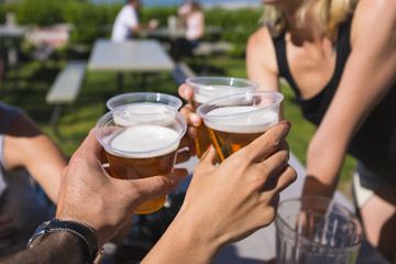 group of friends toasting with beer