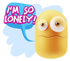 3d Rendering Sad Character Emoticon Expression saying I'm so Lon