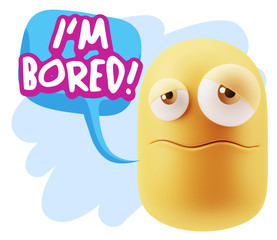 3d Rendering Sad Character Emoticon Expression saying I'm Bored