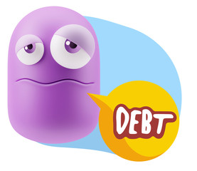 3d Rendering Sad Character Emoticon Expression saying Debt with