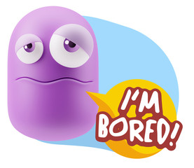 3d Rendering Sad Character Emoticon Expression saying I'm Bored