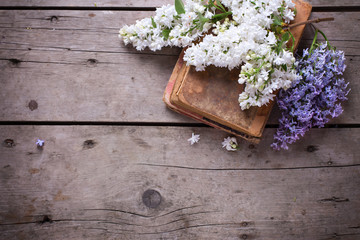 Background with fresh aromatic lilac flowers  on old books on vi