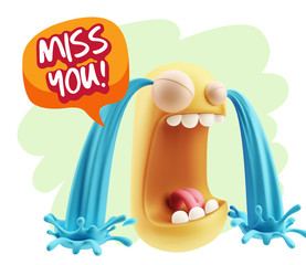 3d Rendering Sad Character Emoticon Expression saying Miss You w