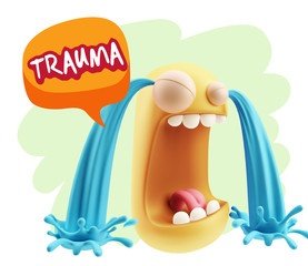 3d Rendering Sad Character Emoticon Expression saying Trauma wit