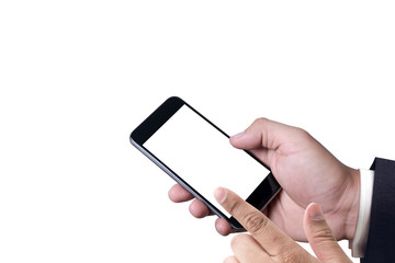 Isolated female hand holding a phone with white screen