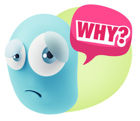 3d Rendering Sad Character Emoticon Expression saying Why? with