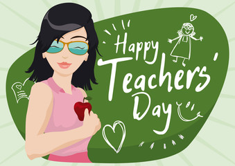 Cool Young Female Educator Celebrating Teachers' Day, Vector Illustration