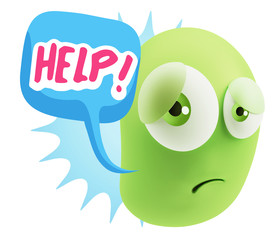 3d Rendering Sad Character Emoticon Expression saying Help! with