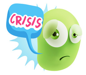 3d Rendering Sad Character Emoticon Expression saying Crisis wit