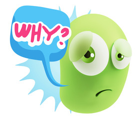 3d Rendering Sad Character Emoticon Expression saying Why? with