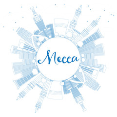Outline Mecca Skyline with Blue Landmarks and Copy Space.