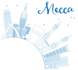 Outline Mecca Skyline with Blue Landmarks and Copy Space.