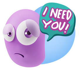 3d Rendering Sad Character Emoticon Expression saying I Need you