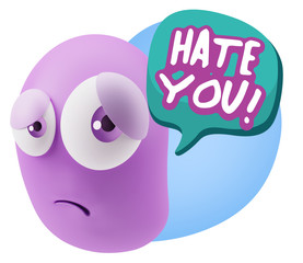 3d Rendering Sad Character Emoticon Expression saying Hate You w